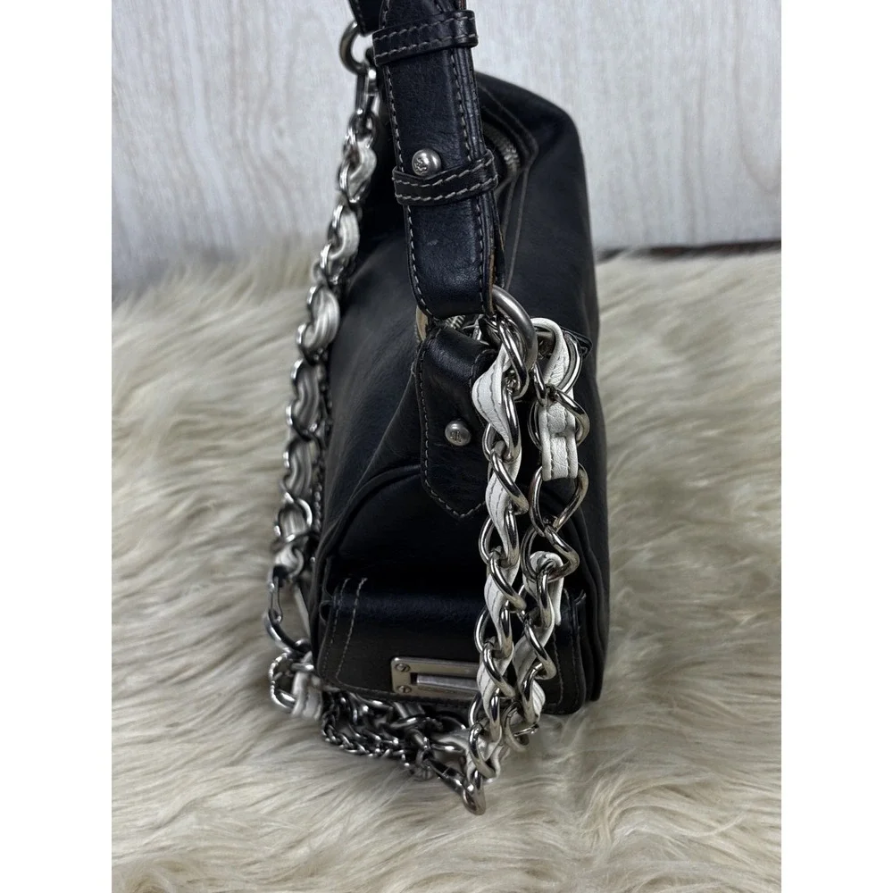 Vintage Lauren Ralph Lauren Black Leather Hobo Chain‎ Shoulder Bag Y2K Slouch